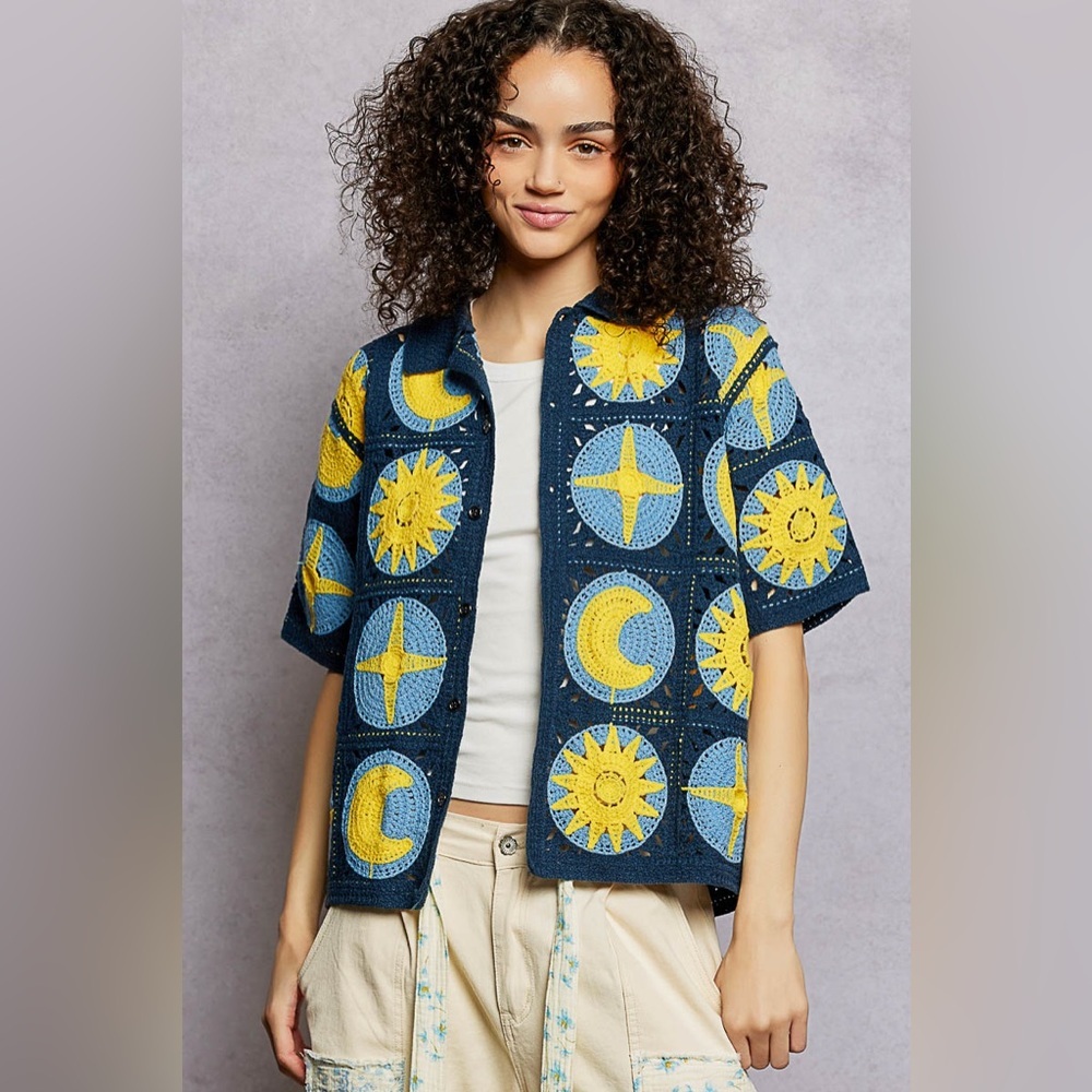 NEW POL Crochet Star Moon Button Front Top Boho Celestial Festival OS